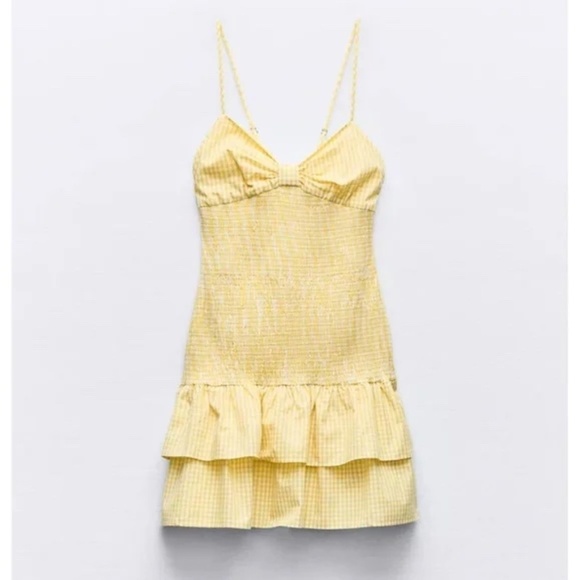 Zara New Yellow Gingham Check Print Smocked Ruffle Cutout Back Mini Dress Size L - Picture 1 of 16